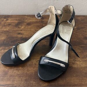 Naturalizer Black Heeled Ankle-Strap Sandals with Silver Accents